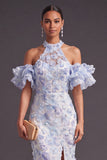 Blue Purple Sparkly Floral Beaded Halter Mermaid Long Wedding Guest Dress with Slit