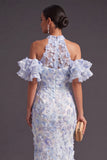 Blue Purple Sparkly Floral Beaded Halter Mermaid Long Wedding Guest Dress with Slit