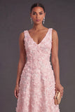 Blue Sparkly Floral V-Neck A Line Long Wedding Guest Dress with Beading