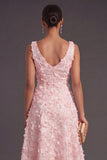 Blue Sparkly Floral V-Neck A Line Long Wedding Guest Dress with Beading