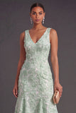 Blue Sparkly Floral V-Neck A Line Long Wedding Guest Dress with Beading