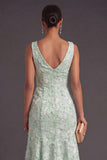 Blue Sparkly Floral V-Neck A Line Long Wedding Guest Dress with Beading