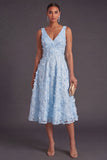 Blue Sparkly Floral V-Neck A Line Long Wedding Guest Dress with Beading