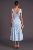 Blue Sparkly Floral V-Neck A Line Long Wedding Guest Dress with Beading