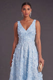 Blue Sparkly Floral V-Neck A Line Long Wedding Guest Dress with Beading