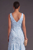 Blue Sparkly Floral V-Neck A Line Long Wedding Guest Dress with Beading