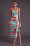 Green Red Floral Sheath Spaghetti Straps Ruffled Long Wedding Guest Dress with Slit