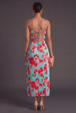 Green Red Floral Sheath Spaghetti Straps Ruffled Long Wedding Guest Dress with Slit