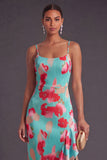 Green Red Floral Sheath Spaghetti Straps Ruffled Long Wedding Guest Dress with Slit