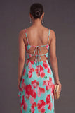 Green Red Floral Sheath Spaghetti Straps Ruffled Long Wedding Guest Dress with Slit