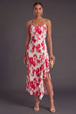 Green Red Floral Sheath Spaghetti Straps Ruffled Long Wedding Guest Dress with Slit