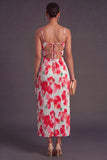 Green Red Floral Sheath Spaghetti Straps Ruffled Long Wedding Guest Dress with Slit