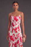 Green Red Floral Sheath Spaghetti Straps Ruffled Long Wedding Guest Dress with Slit