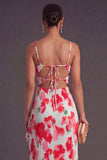 Green Red Floral Sheath Spaghetti Straps Ruffled Long Wedding Guest Dress with Slit