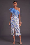 Blue Floral Sheath One Shoulder Ruffled Long Wedding Guest Dress with Slit
