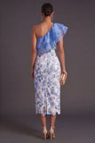 Blue Floral Sheath One Shoulder Ruffled Long Wedding Guest Dress with Slit