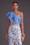 Blue Floral Sheath One Shoulder Ruffled Long Wedding Guest Dress with Slit