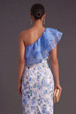Blue Floral Sheath One Shoulder Ruffled Long Wedding Guest Dress with Slit