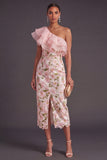 Blue Floral Sheath One Shoulder Ruffled Long Wedding Guest Dress with Slit