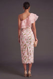 Blue Floral Sheath One Shoulder Ruffled Long Wedding Guest Dress with Slit