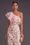 Blue Floral Sheath One Shoulder Ruffled Long Wedding Guest Dress with Slit