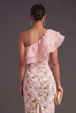 Blue Floral Sheath One Shoulder Ruffled Long Wedding Guest Dress with Slit