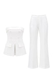 2 Piece White Double Breasted Strapless Business Suits with Pockets