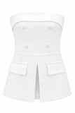 2 Piece White Double Breasted Strapless Business Suits with Pockets