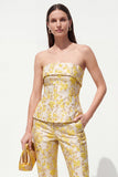 Slim Fit 2 Piece Strapless Yellow Floral Business Suits