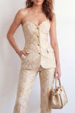 Single Breasted 2 Piece Golden Floral Sweetheart Business Suits with Pockets