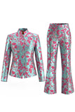 Dark Blue Floral 2 Piece Slim Fit Prom Suits with Sleeves