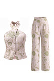 2 Piece Green Floral Single Breasted Business Suits with Pockets
