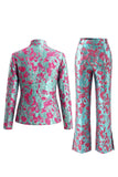 Dark Blue Floral 2 Piece Slim Fit Prom Suits with Sleeves
