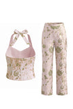 2 Piece Green Floral Single Breasted Business Suits with Pockets