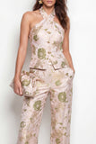 2 Piece Green Floral Single Breasted Business Suits with Pockets