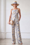 Spaghetti Straps 2 Piece Blue Floral Single Breasted Business Suits with Pockets