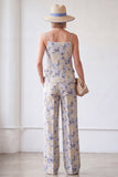Spaghetti Straps 2 Piece Blue Floral Single Breasted Business Suits with Pockets