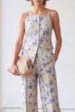 Spaghetti Straps 2 Piece Blue Floral Single Breasted Business Suits with Pockets