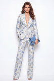 Single Breasted 2 Piece Blue Floral Peak Lapel Business Suits with Pockets