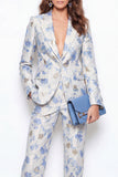 Single Breasted 2 Piece Blue Floral Peak Lapel Business Suits with Pockets