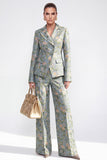 Single Breasted 2 Piece Grey Blue Floral Peak Lapel Business Suits