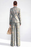 Single Breasted 2 Piece Grey Blue Floral Peak Lapel Business Suits