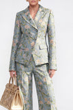 Single Breasted 2 Piece Grey Blue Floral Peak Lapel Business Suits