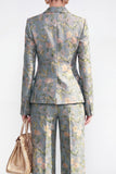 Single Breasted 2 Piece Grey Blue Floral Peak Lapel Business Suits
