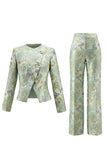 2 Piece Round Neck Green Flower Single Breasted Business Suits with Pockets