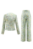 2 Piece Round Neck Green Flower Single Breasted Business Suits with Pockets