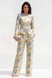 2 Piece Round Neck Yellow Flower Single Breasted Business Suits with Pockets