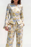 2 Piece Round Neck Yellow Flower Single Breasted Business Suits with Pockets