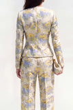 2 Piece Round Neck Yellow Flower Single Breasted Business Suits with Pockets