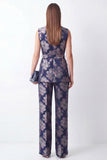 Shawl Lapel 2 Piece Navy Floral Business Suits with Pockets